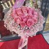 Buchet 19 Trandafiri Naturali Roz Gypsophilia